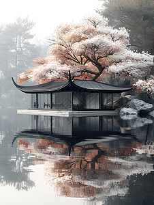 湖畔的中国亭背景图片