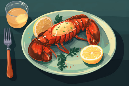 龙虾西餐西餐桌上的龙虾插画