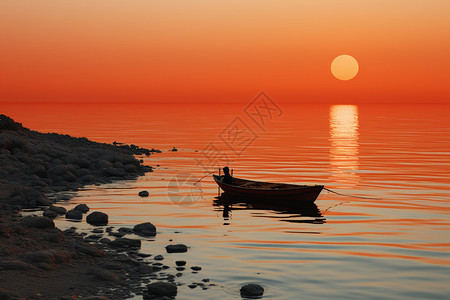 靠岸夕阳中的渔船插画