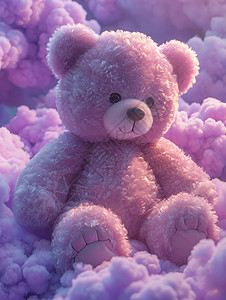 紫色云朵中小熊玩偶背景图片