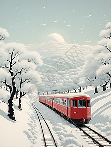 雪中红色的火车背景图片