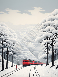 冬日林间的红色列车背景图片