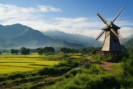 田园山水-风车江流背景图片