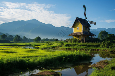 飞旋的风车在山水之间背景