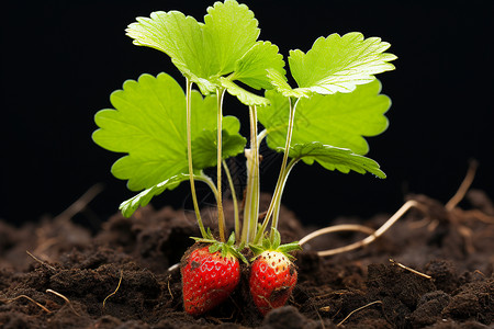 两个草莓在泥土中背景图片
