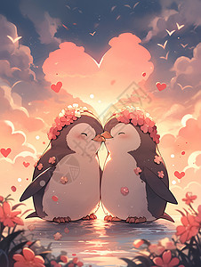 两只企鹅在夕阳下热吻插画