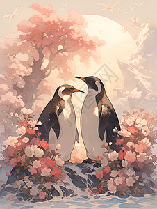 花海中的企鹅情侣背景图片