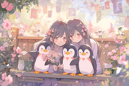 女孩和她的企鹅背景图片