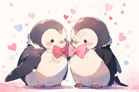 爱心依偎两只可爱企鹅与爱心背景插画