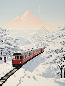 雪覆盖的森林冬林列车插画