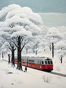 火车穿越雪白的树林背景图片