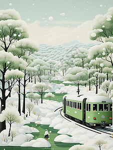 绿色火车穿越白雪覆盖的丛林背景图片