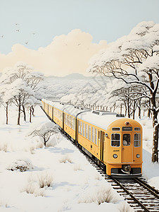 一列橙色火车静静穿行在森林中背景图片