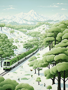雪山列车绿色列车穿越雪山森林插画