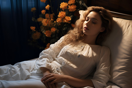 白衣女子躺在床上休息背景图片