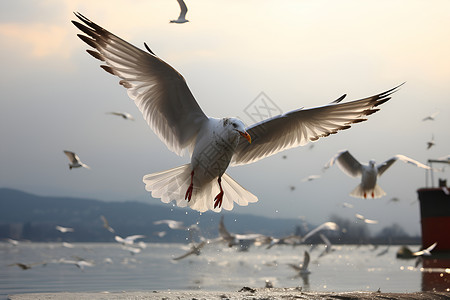 鸟类喂食水面成群的海鸥背景