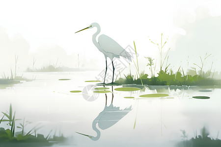 白鹭湾湿地湖畔白鹭的倒影插画