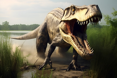 沼泽地张开大嘴的恐龙背景图片