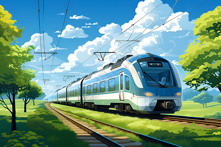 乡村铁路穿行在铁轨上面的火车插画