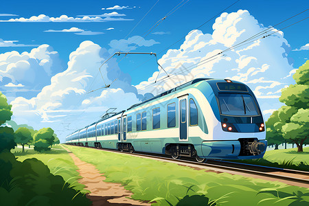 乡村铁路铁轨上行驶的动力火车插画