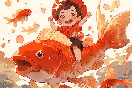 欢乐喜庆小男孩骑鲤鱼背景图片