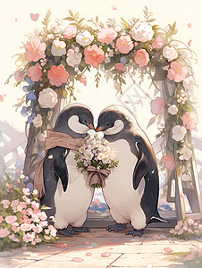 甜蜜的企鹅情侣插画背景图片