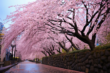 樱花街道街道中的樱花树背景