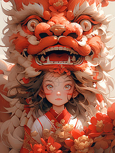 是红花朵素材红狮子少女插画