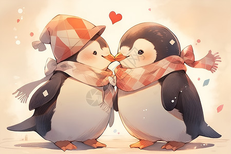 亲密卡通浪漫的企鹅情侣插画