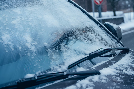 汽车雨刮器冰雪覆盖的汽车背景