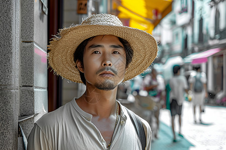 戴着草帽的亚洲男子背景图片