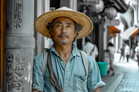 戴草帽的中年男子背景图片