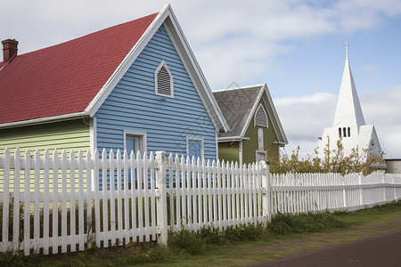 白栅栏旁的蓝屋红顶背景图片