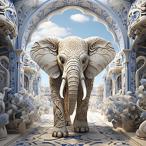 青花风格3D剪纸风艺术的大象雕塑插图插画