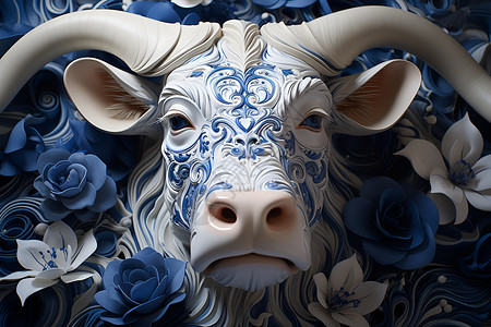 神秘花纹的牛头雕像插图背景图片