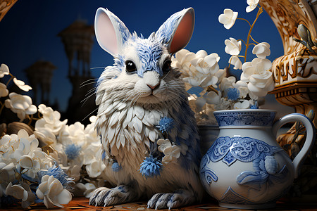 3D剪纸风艺术的兔子插图背景图片