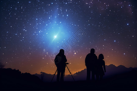 望远镜人三人观星背景