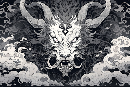 黑白线描绘的麒麟神兽插图插画