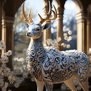 青花瓷风格的神鹿雕像插图背景图片