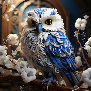 青花风格3D剪纸艺术的猫头鹰雕像插图插画