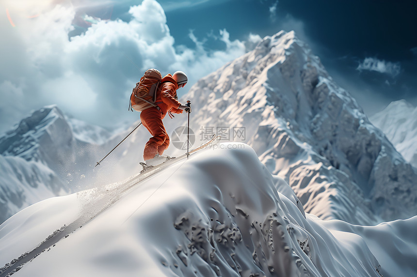飘雪山上的滑雪爱好者图片