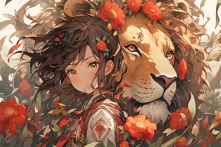 少女与狮头背景图片