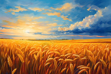 秋季丰收的麦田油画插图背景图片