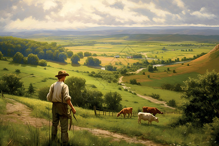 山坡中放牧的农民背景图片