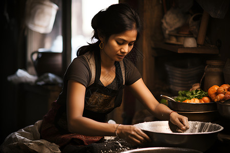 亚洲女性在厨房工作背景图片