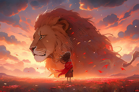女孩看向天空中的狮子背景图片