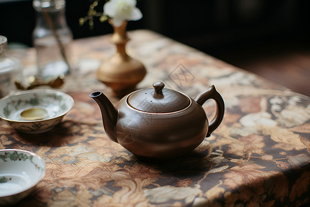桌面上的精致茶壶背景图片