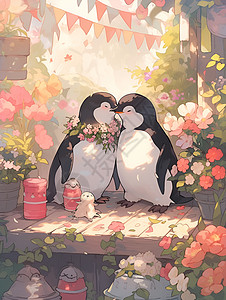 甜蜜亲吻的企鹅情侣背景图片