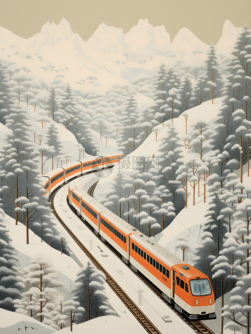 清冷山谷中穿梭的火车列车图片