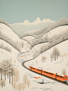 火车轨雪谷银轨中穿梭的火车列车插画
